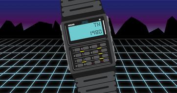 vintage wristwatch with calculator at blue grid drawing