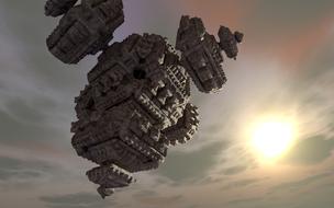 Beautiful, patterned spaceship in the sky, at colorful sunset