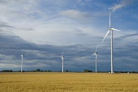 white windmills on arable field
