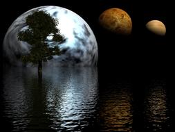 Beautiful water with ripple and tree and colorful planets on background