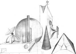 black and white, pencil sketch, geometric shapes