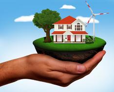 renewable energy, collage, pinwheel at house on hand