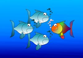 Colorful, smiling fish swimming against the current with other fish, in the beautiful blue water, on clipart