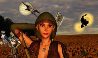 Fantasy characters and predator birds, collage
