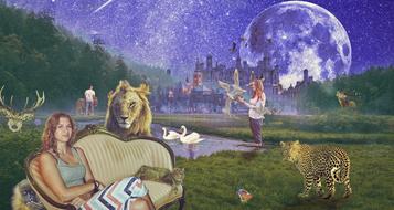 planets, moon, animals and people in a surreal landscape