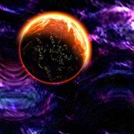 computer generated image of a fiery planet in a purple galaxy