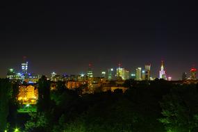 panoramic view of Warsaw city center at night