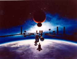 Spacecraft station at colorful background with the planet