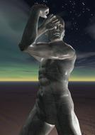 Figure of the robot at colorful gradient horizon background