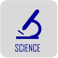 Blue "science" icon with microscope on grey background