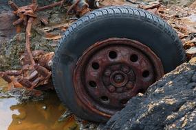 old rusty wheel in a junkyard