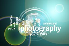 "Photography" and other related words, at colorful background with light