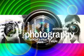 "Photography" words, at background with the colorful lens, with the patterns, and photographers, clipart