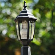 Beautiful, black light lamp, with the electric bulb, at blurred background with the colorful plants