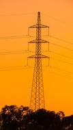 Silhouette of the electricity pylon, behind the trees, at beautiful, orange sunset