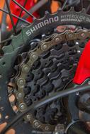 Close-up of the bike wheel, with the gears