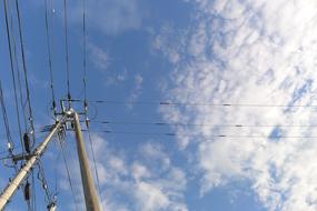 electric pole, wires, sky, clouds