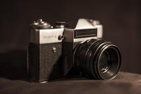 black and white photo of a vintage camera