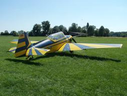 Yellow and blue aircraft on the green field with trees, on the landscape