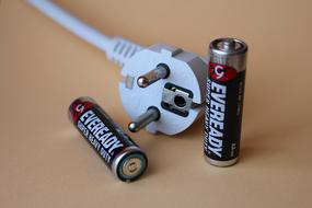 Close-up of a plug and colorful batteries