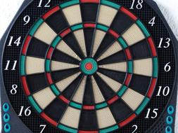 Close-up of the colorful dart board, with the shapes and numbers