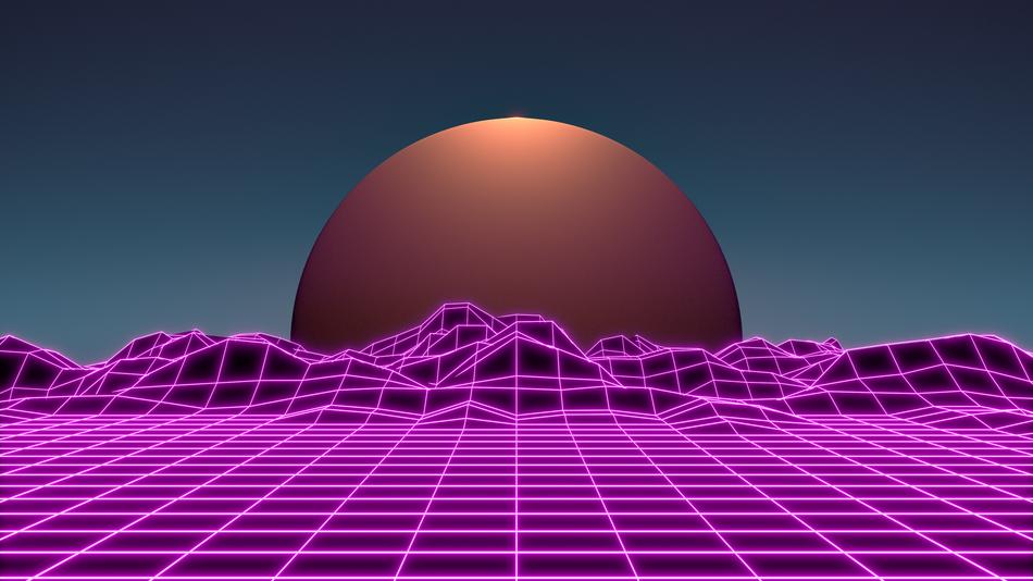 Beautiful, colorful, gradient planet behind the purple mountains