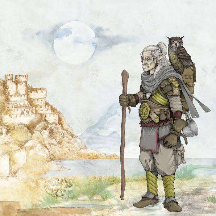 Colorful and beautiful drawing of the old wanderer man with the owl, near the castle