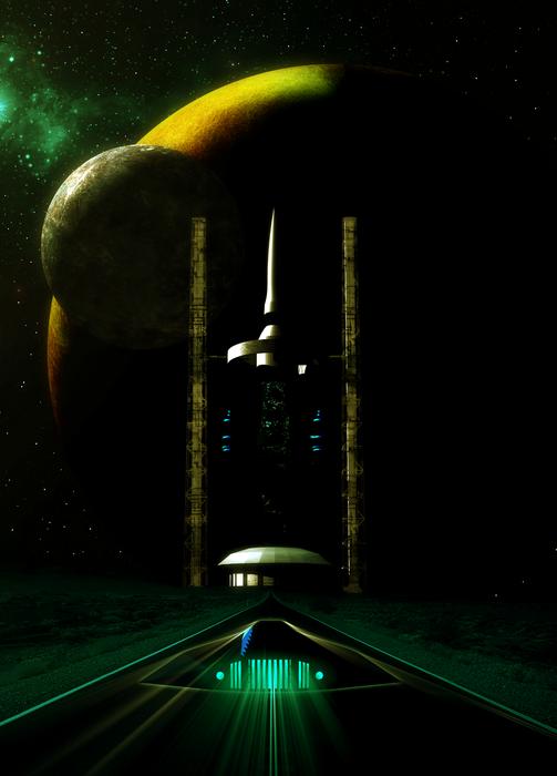 fantastic image of a spaceship against the background of the planets