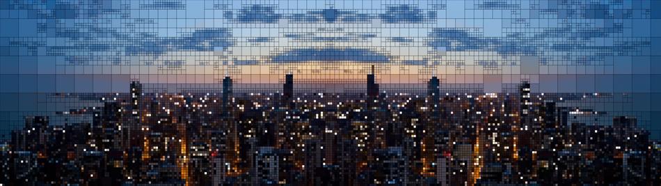 Beautiful city with colorful lights at colorful sunset in the evening in pixels