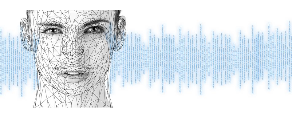 geometric image of a face against a background of binary code