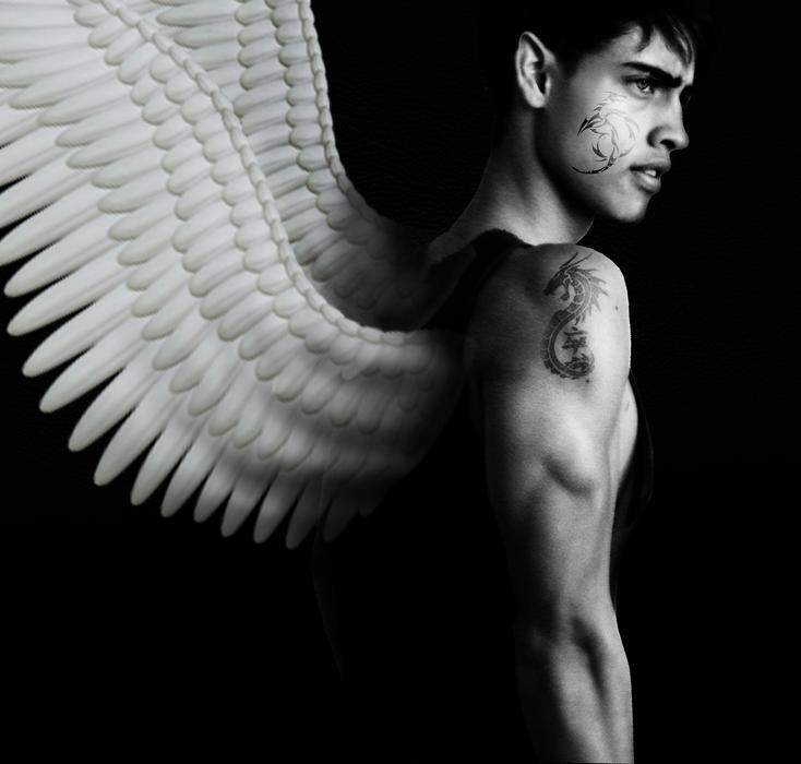 black and white, muscular guy with wings