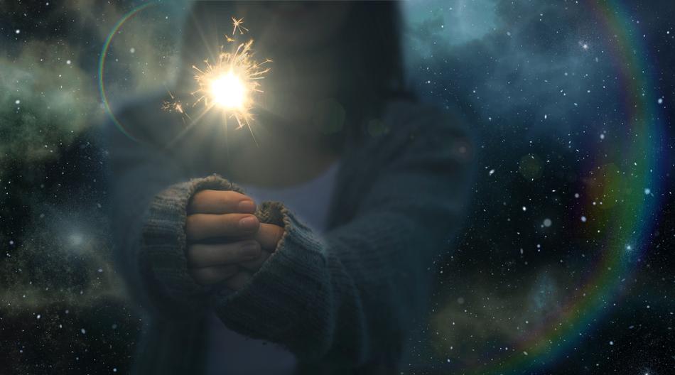 person with sparkles in hands at Space, digital art
