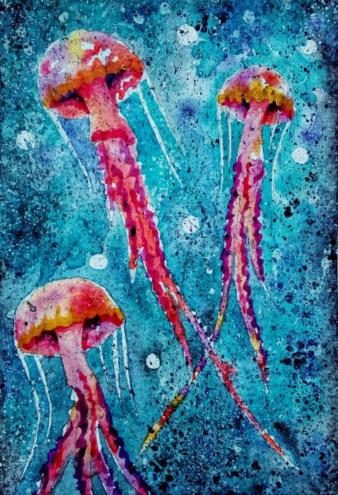 watercolour painting with jellyfish