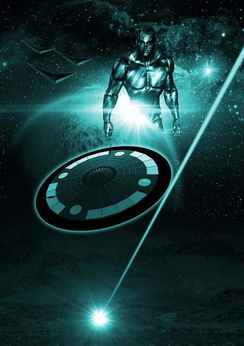 Model of alien, among the turquoise lights, on the futuristic clipart