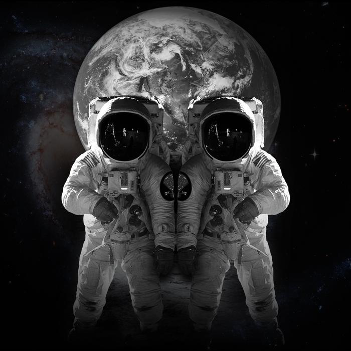 Black and white astronauts in spacesuits, at background with the Moon