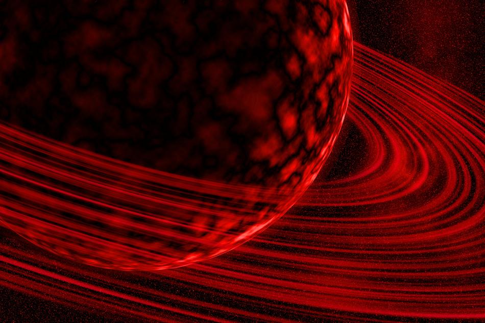 Red and black planet with the bright, red rings, on clipart