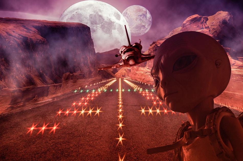 alien on the background of the space shuttle