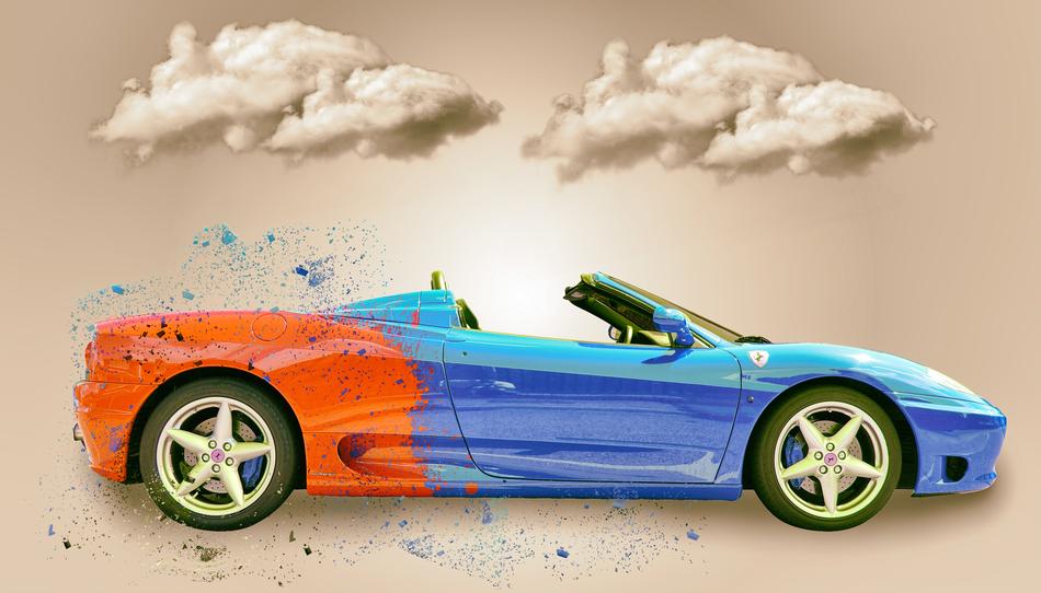 Beautiful, orange and blue Ferrari car, under the clouds, in light, clipart