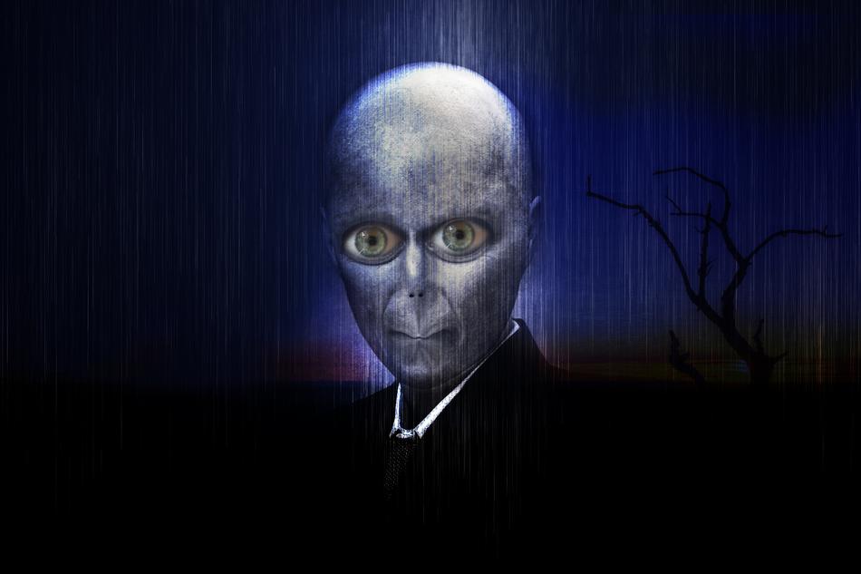 Clipart of the alien in black suit, among the darkness, at colorful background