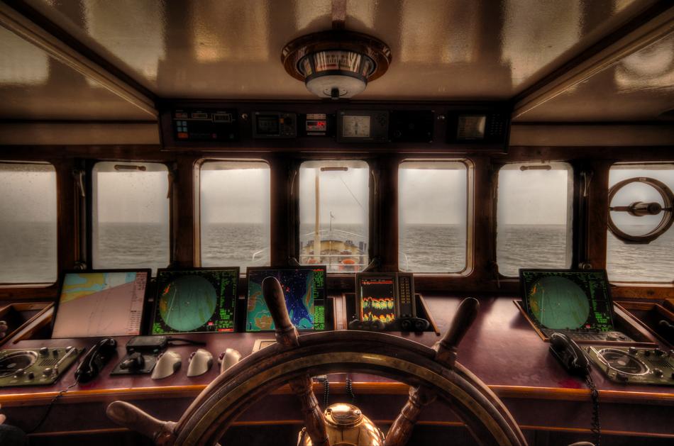 vintage Steering Wheelhouse of vessel