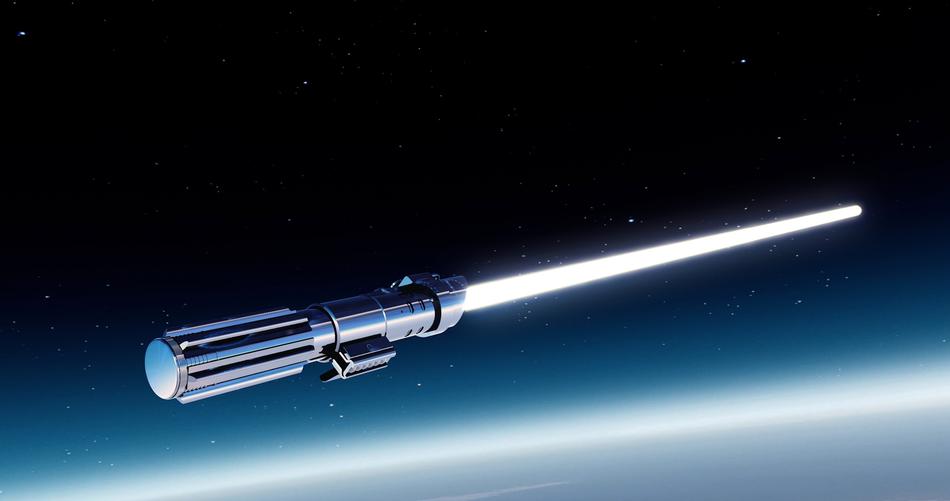Bright, white laser sword, above the bright planet, at beautiful space with stars on background
