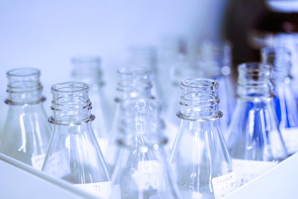 beakers in a chemistry lab for research