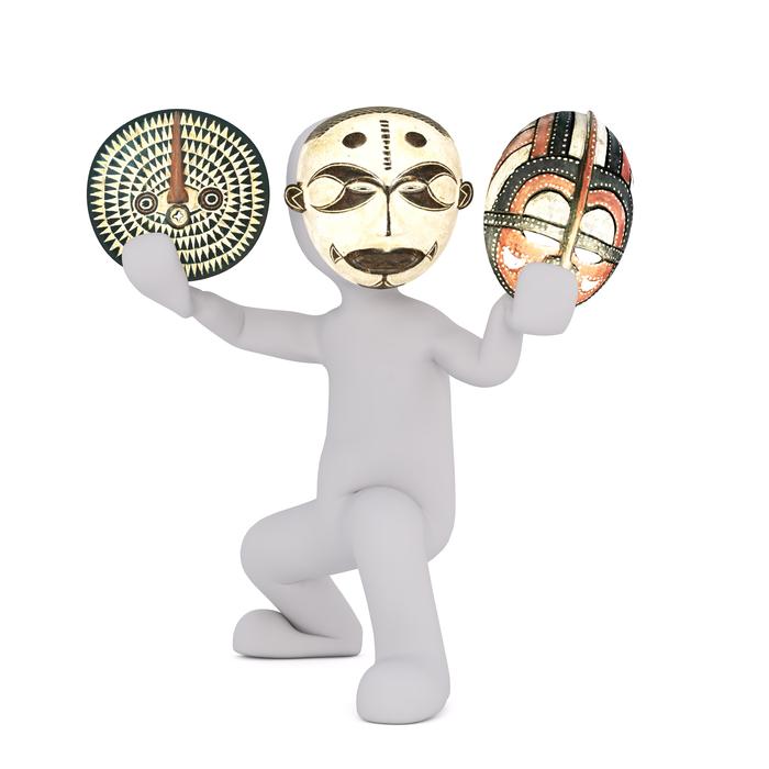 painted white man with ethnic masks