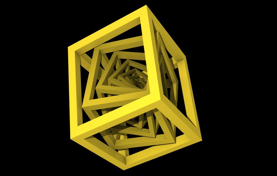 drawn 3d yellow geometric cube on a black background