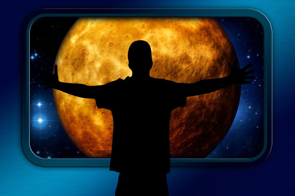 male person looking at moon from window