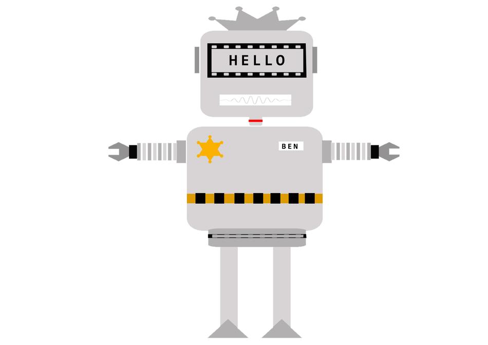 Image of the colorful robot with 'Hello' text on the head, star and crown