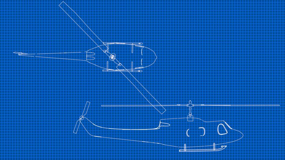 white sketch of a helicopter on a blue background
