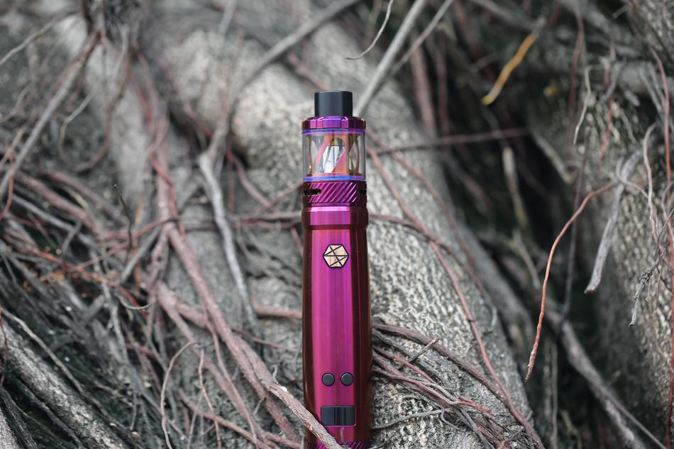 purple vape lies on tree roots