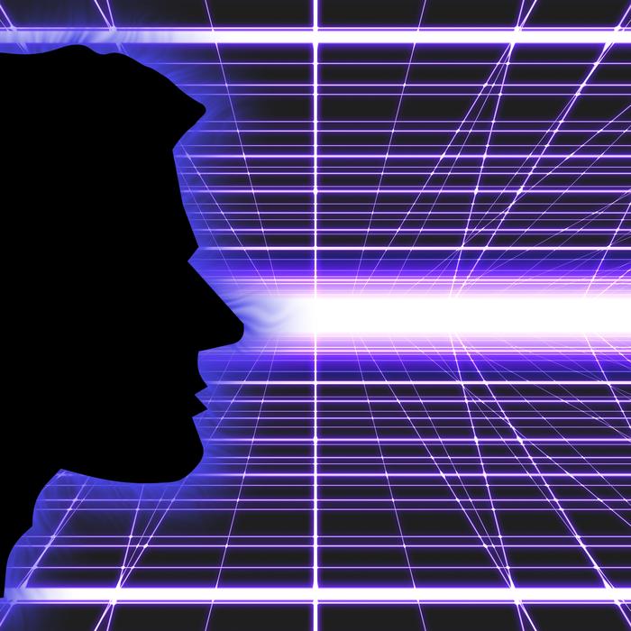 Black profile portrait of a person at techno background with bright, violet lines