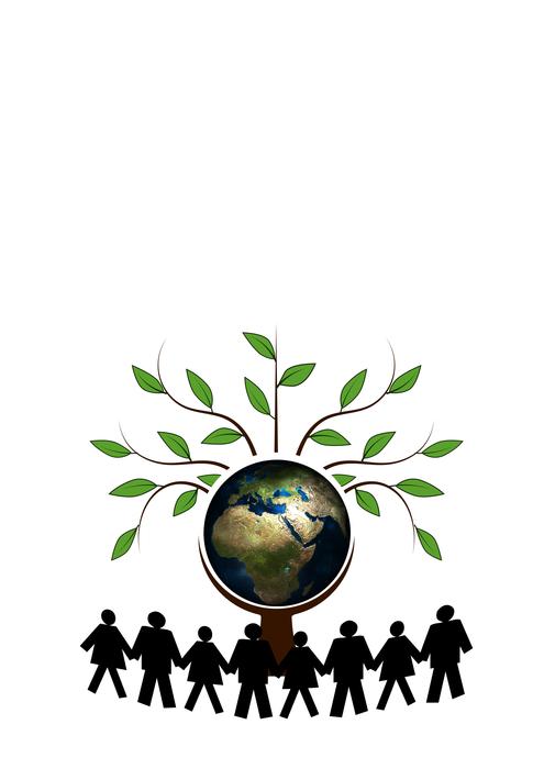 Silhouettes of the people, near the colorful Earth, with the plant, clipart